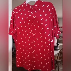 New Mens George 3XL (54-55) Red w/White Sail Boats Button-Up Short Sleeved Shirt